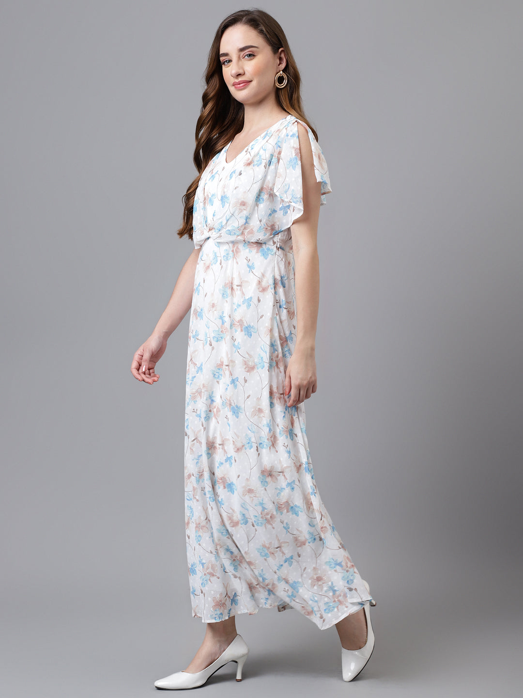 Blue Cap Sleeve V-Neck Printed Women Maxi Dress For Party
