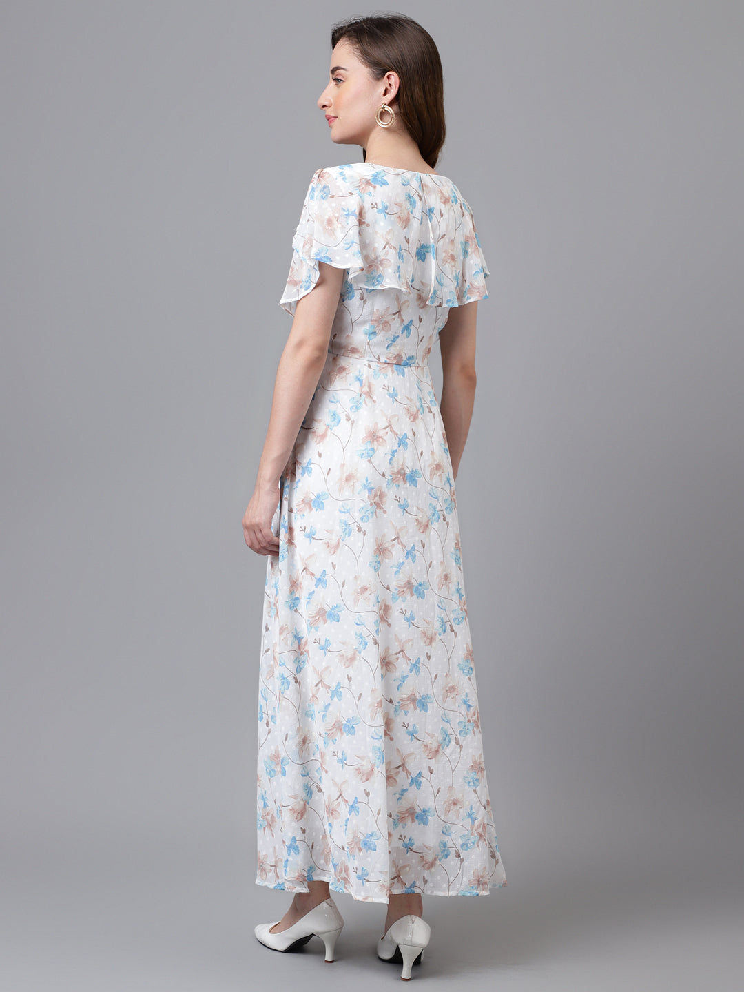 Blue Cap Sleeve V-Neck Printed Women Maxi Dress For Party
