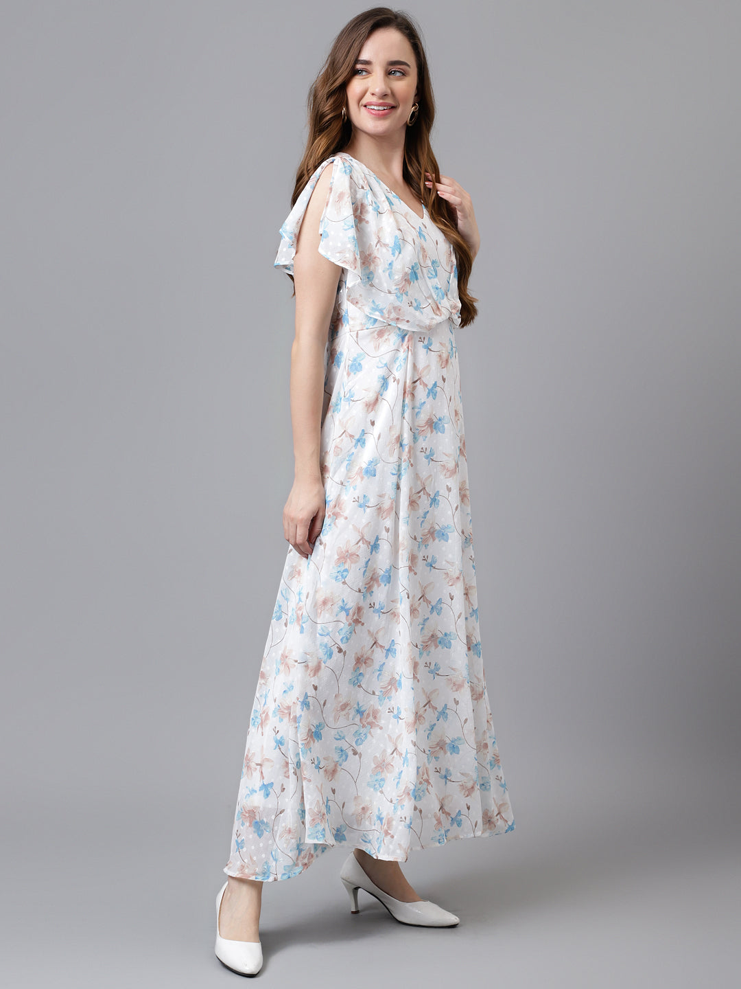 Blue Cap Sleeve V-Neck Printed Women Maxi Dress For Party