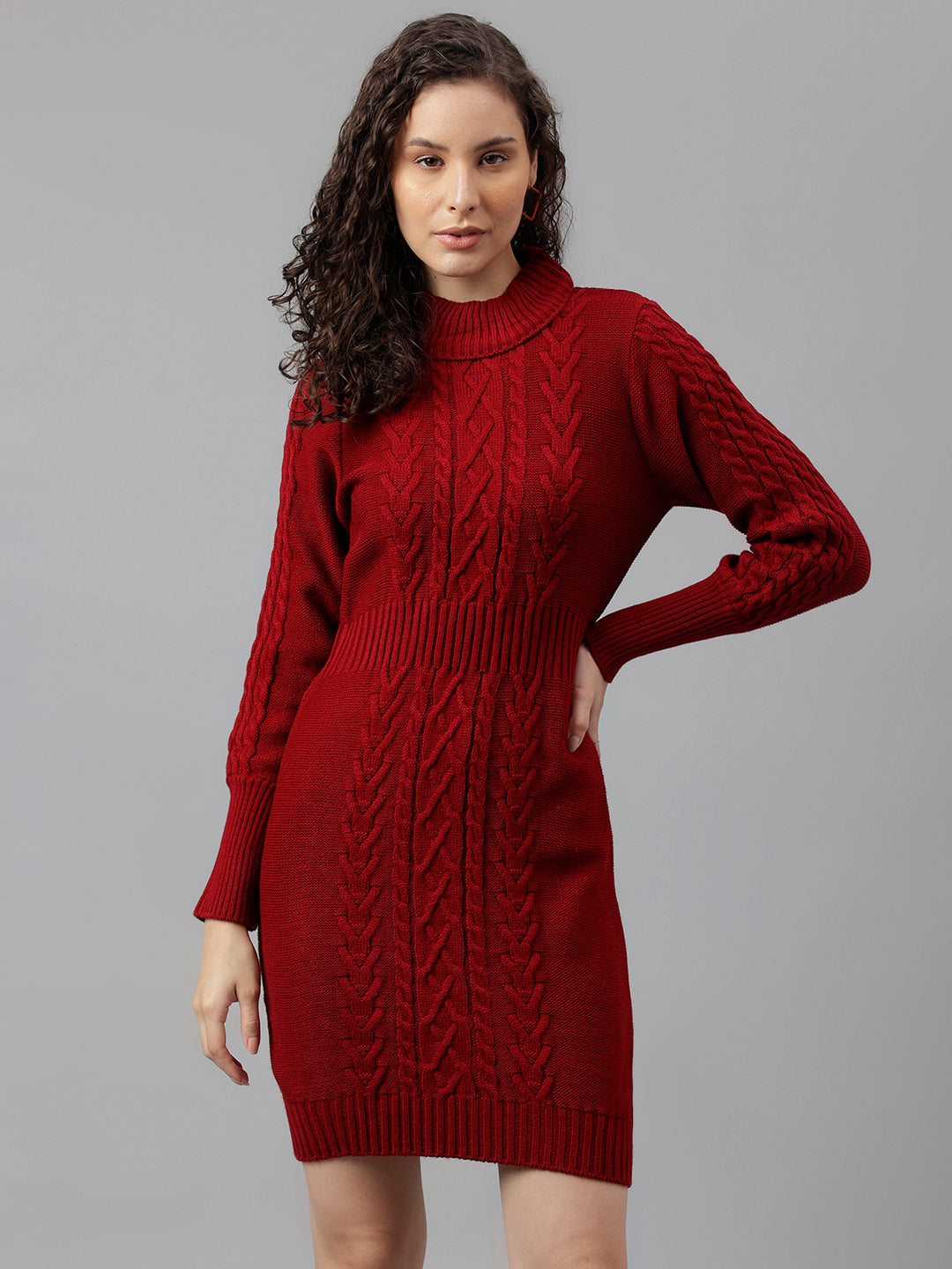 Red Full Sleeve Solid Shift Dress