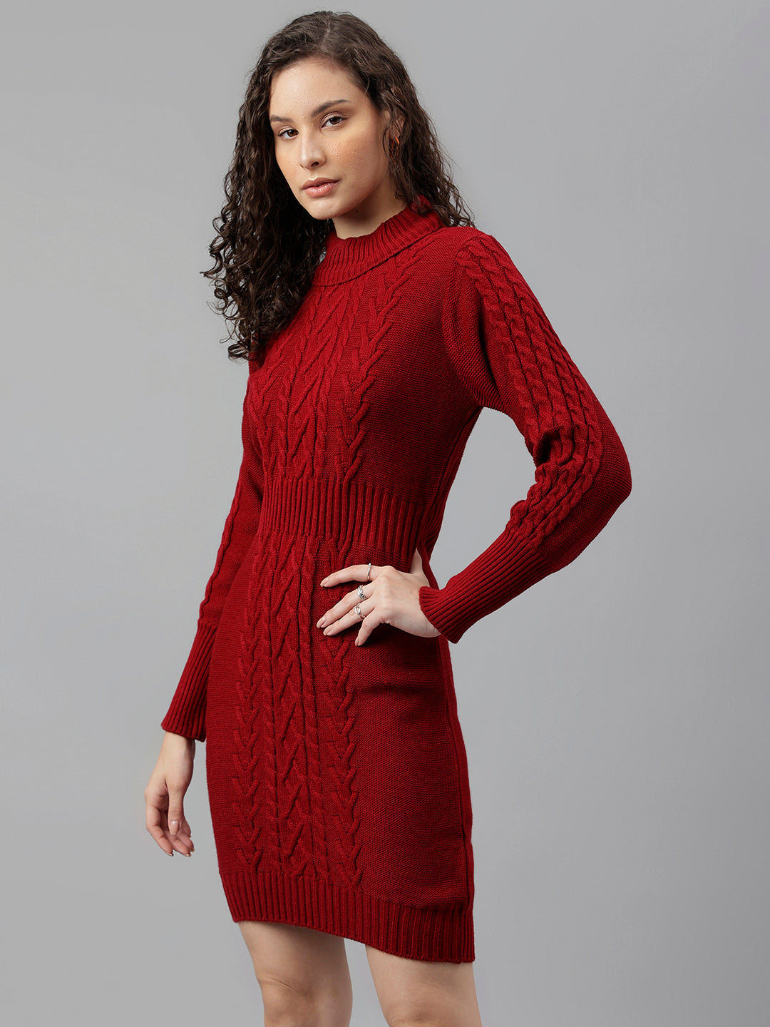 Red Full Sleeve Solid Shift Dress