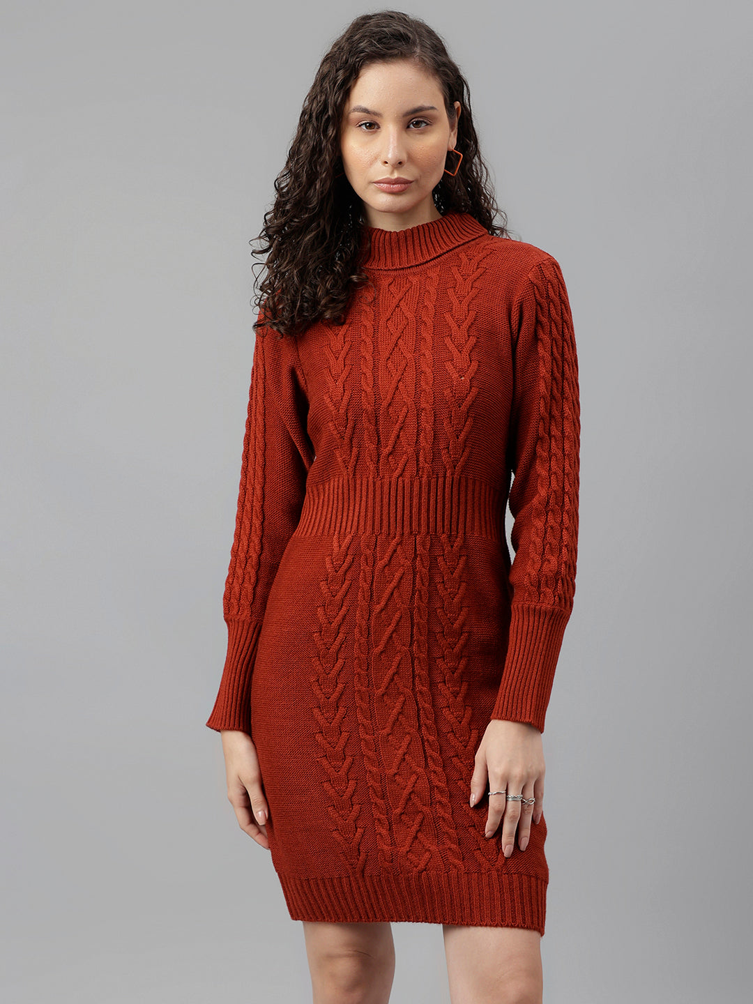 Rust Full Sleeve Solid Bodycon Dress