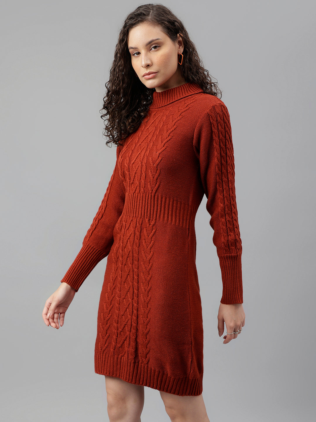 Rust Full Sleeve Solid Bodycon Dress