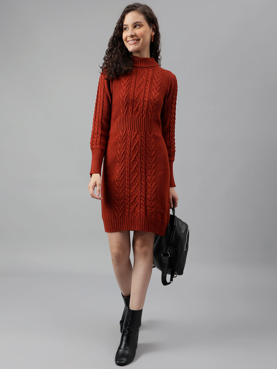 Rust Full Sleeve Solid Bodycon Dress