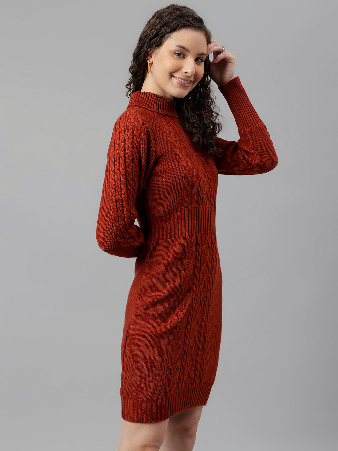 Rust Full Sleeve Solid Bodycon Dress