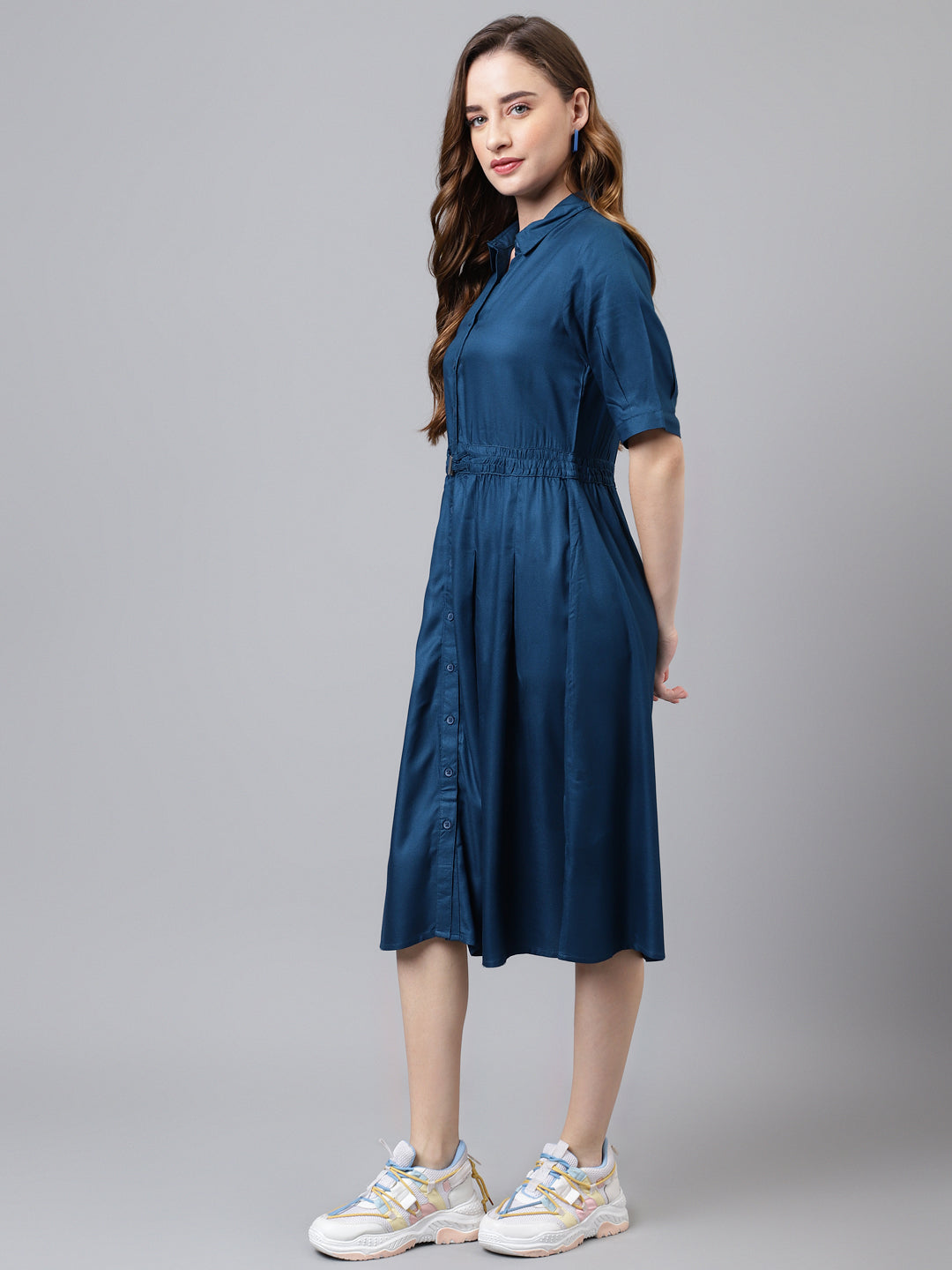 Blue Half Sleeve Solid Long Shirt Dress