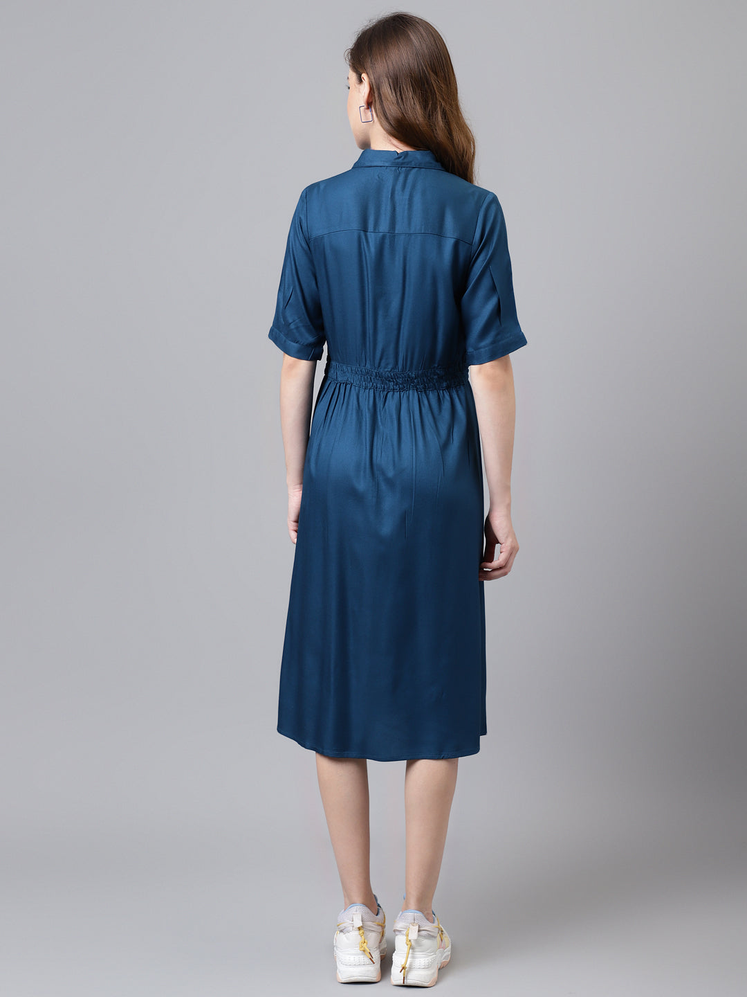 Blue Half Sleeve Solid Long Shirt Dress