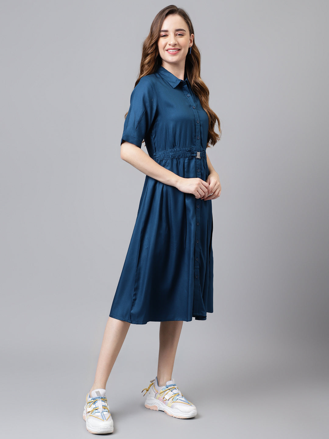 Blue Half Sleeve Solid Long Shirt Dress