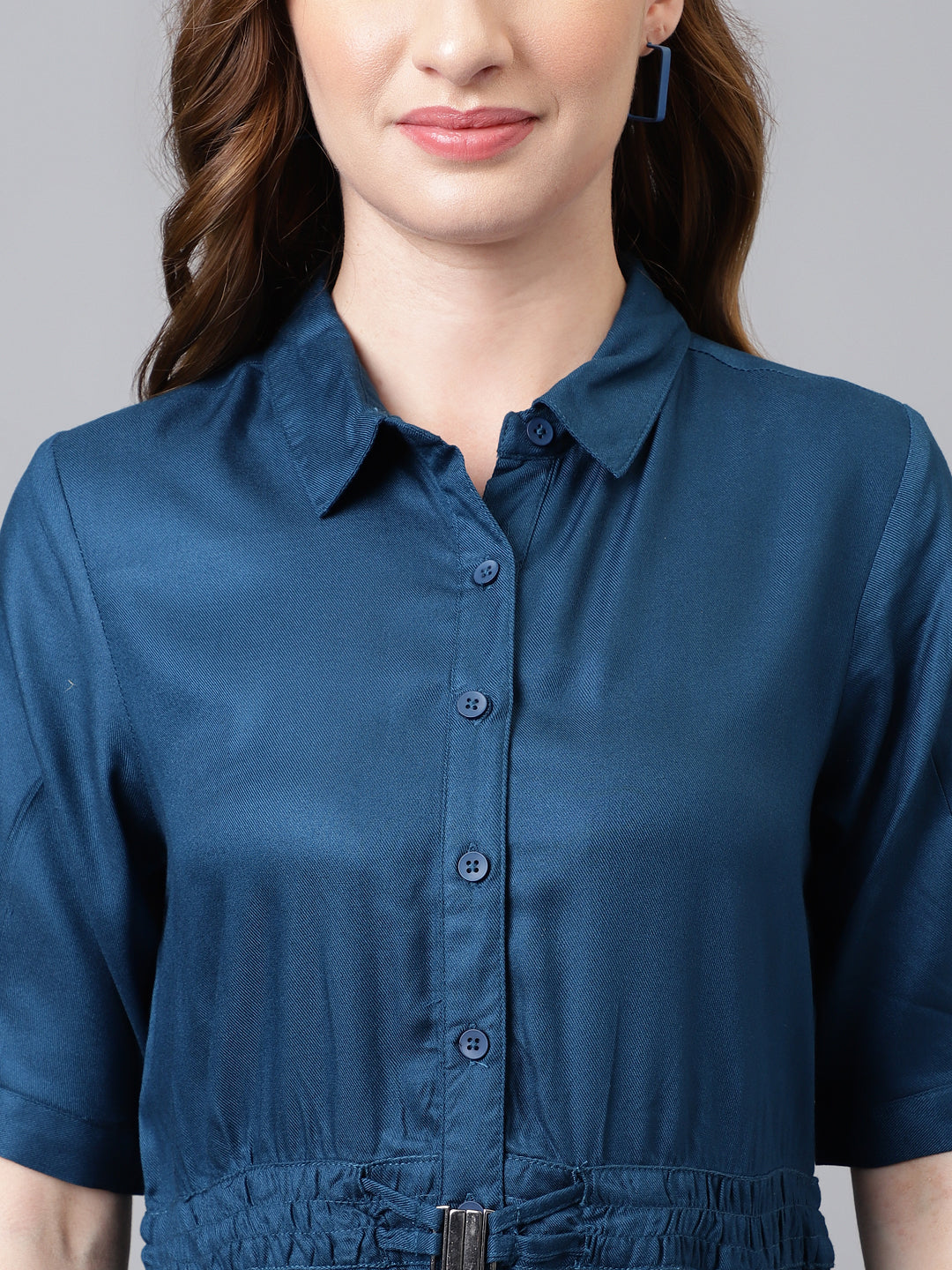 Blue Half Sleeve Solid Long Shirt Dress
