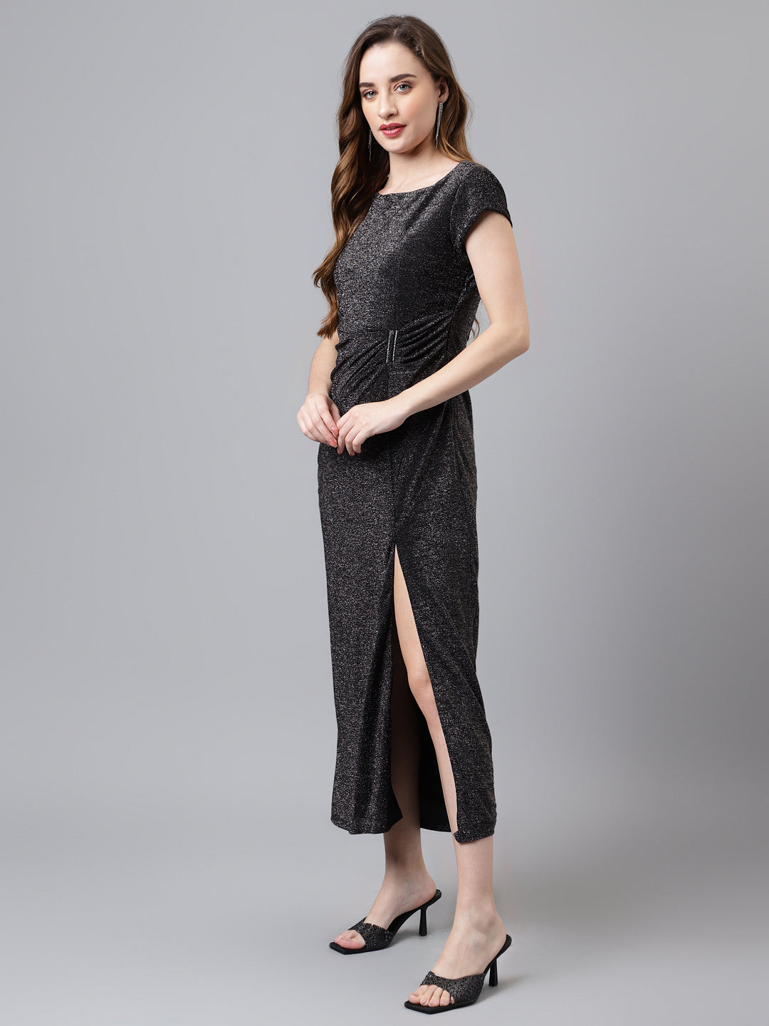 Black Cap Sleeve Round Neck Solid Maxi Dress For Women