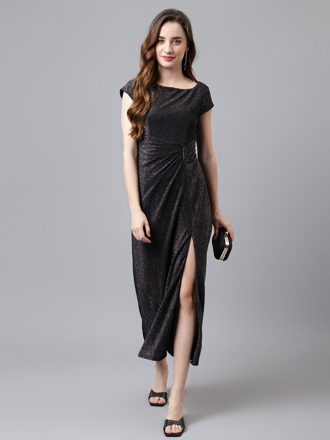 Black Cap Sleeve Round Neck Solid Maxi Dress For Women