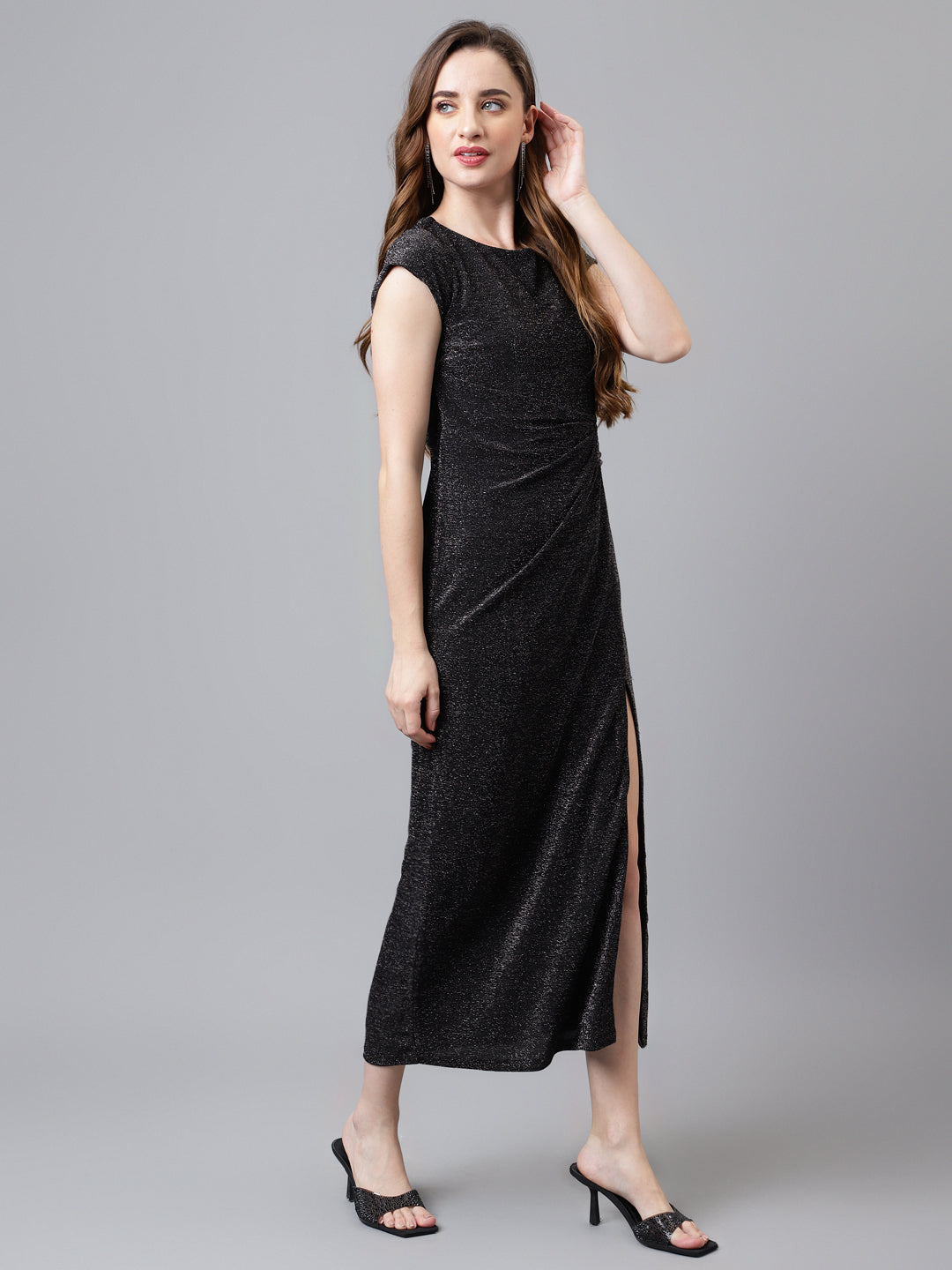 Black Cap Sleeve Round Neck Solid Maxi Dress For Women