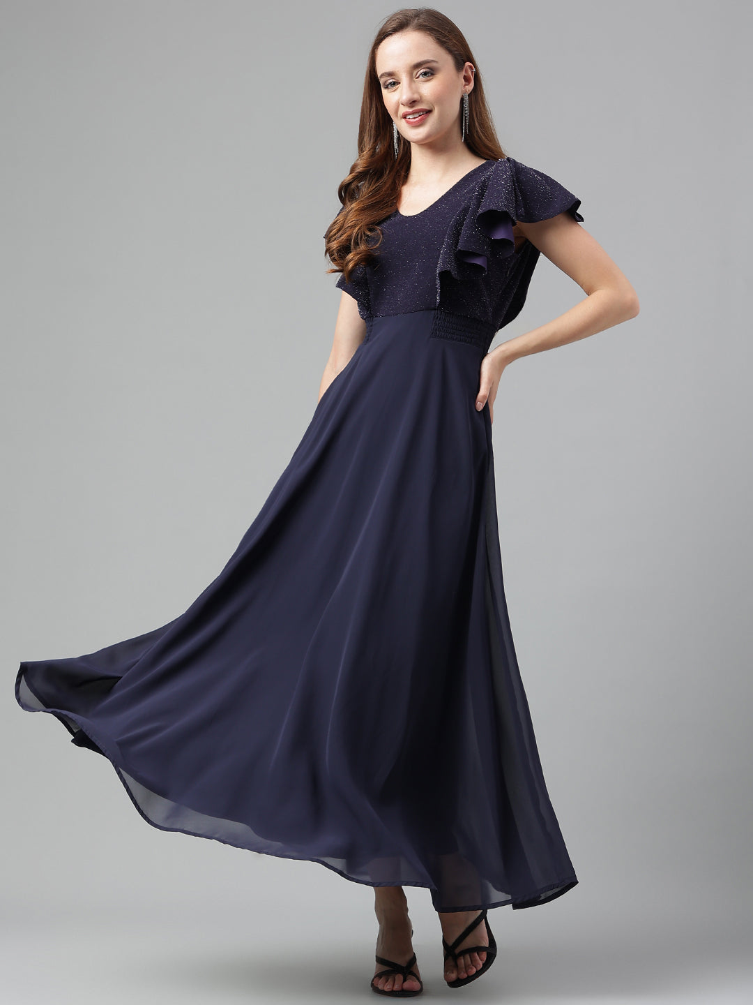 Blue Navy Short Sleeves V-Neck Solid Maxi Dress For Party Wear Blue Navy Short Sleeves V-Neck Solid Maxi Dress For Party Wear