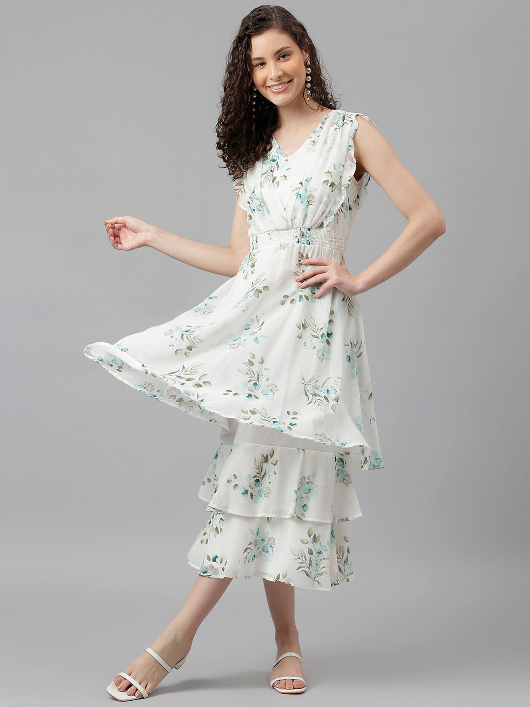 Green Cap Sleeve Printed Freel Maxi Dress