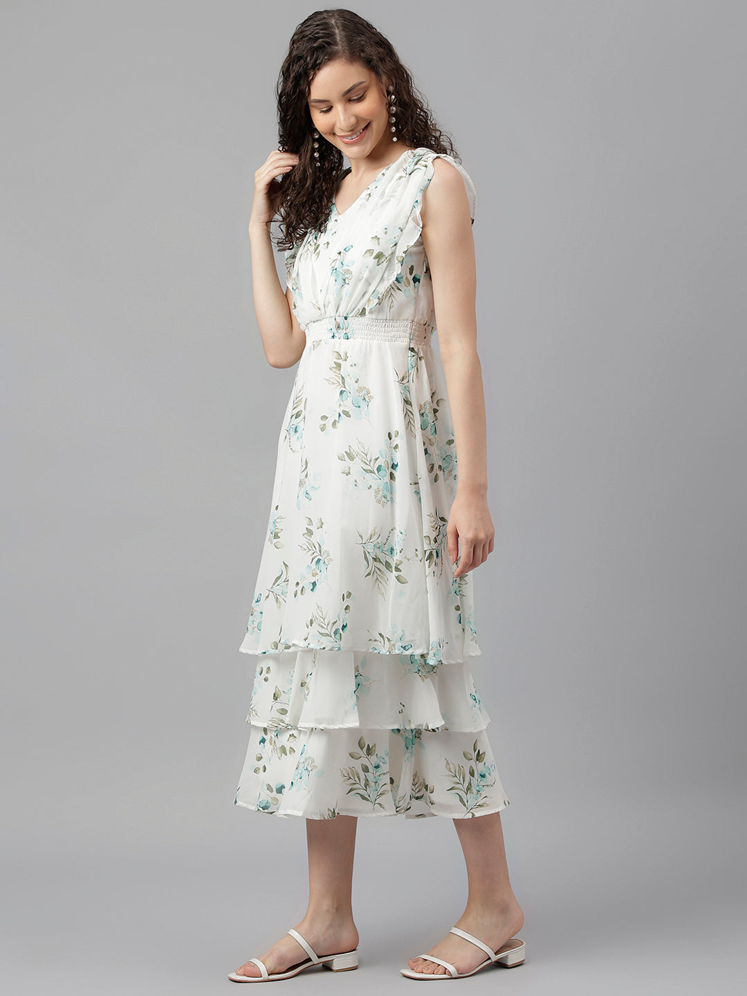 Green Cap Sleeve Printed Freel Maxi Dress