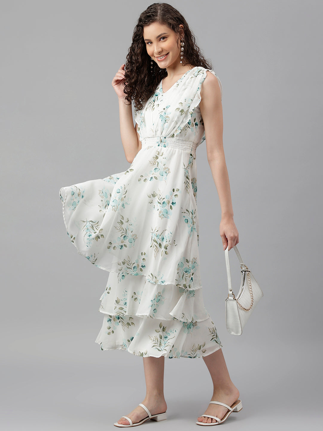 Green Cap Sleeve Printed Freel Maxi Dress