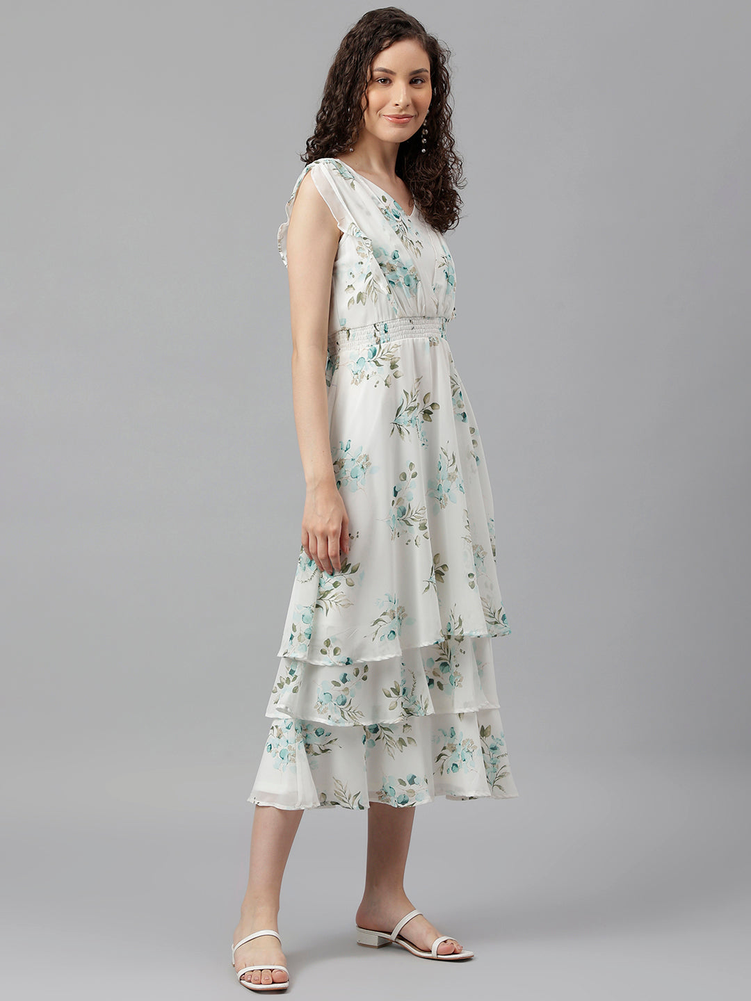 Green Cap Sleeve Printed Freel Maxi Dress