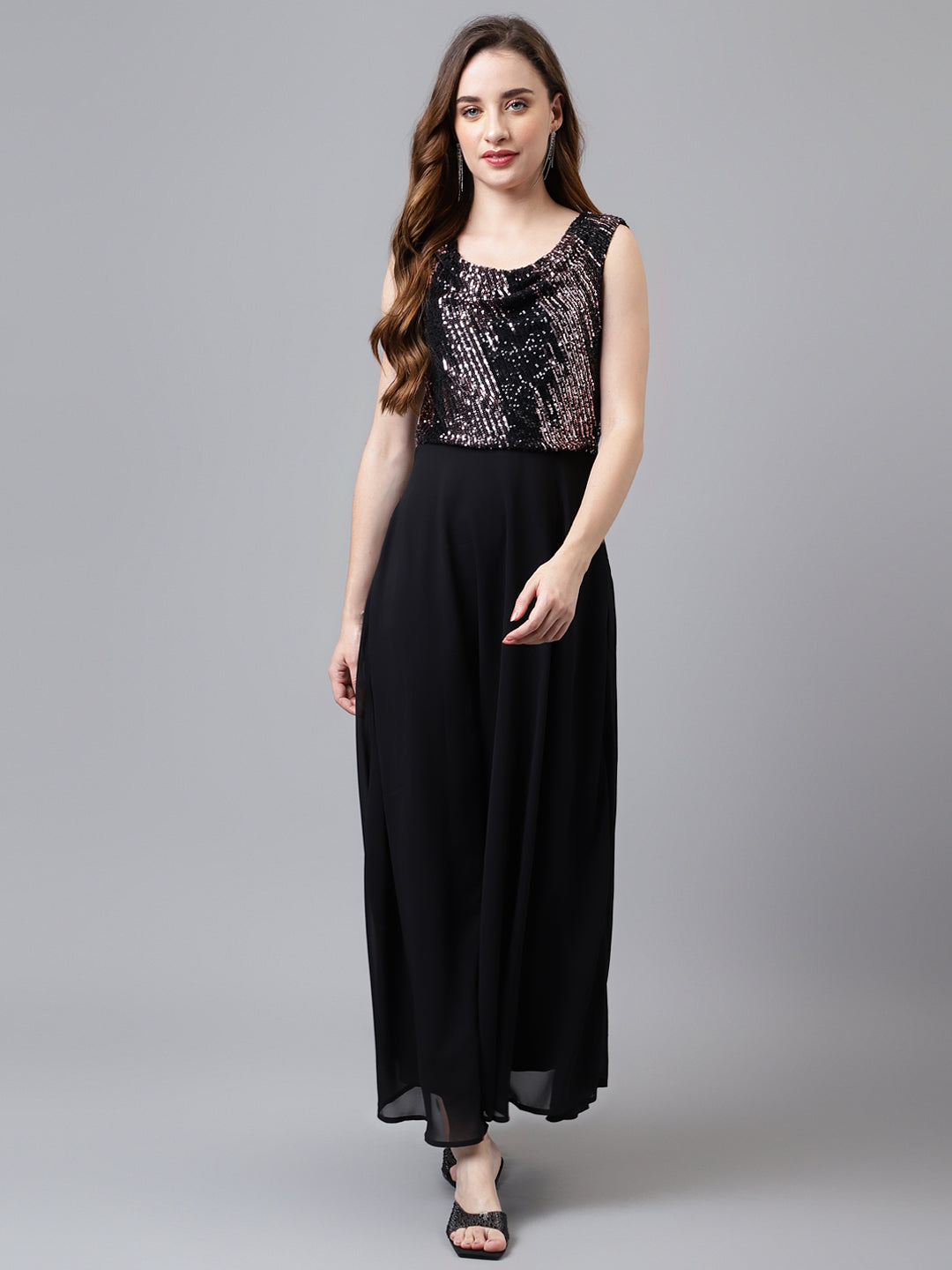 black solid maxi dress Women's Black Pleated Satin One Shoulder Maxi Dress Medium