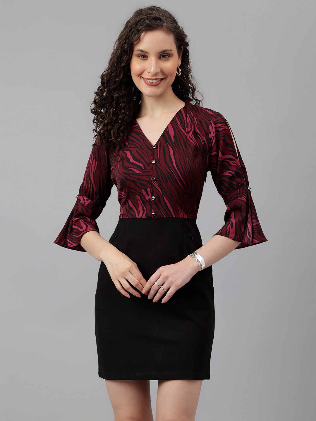 Wine 3/4 Sleeve Mix And Match 2 Fir 1 Dress