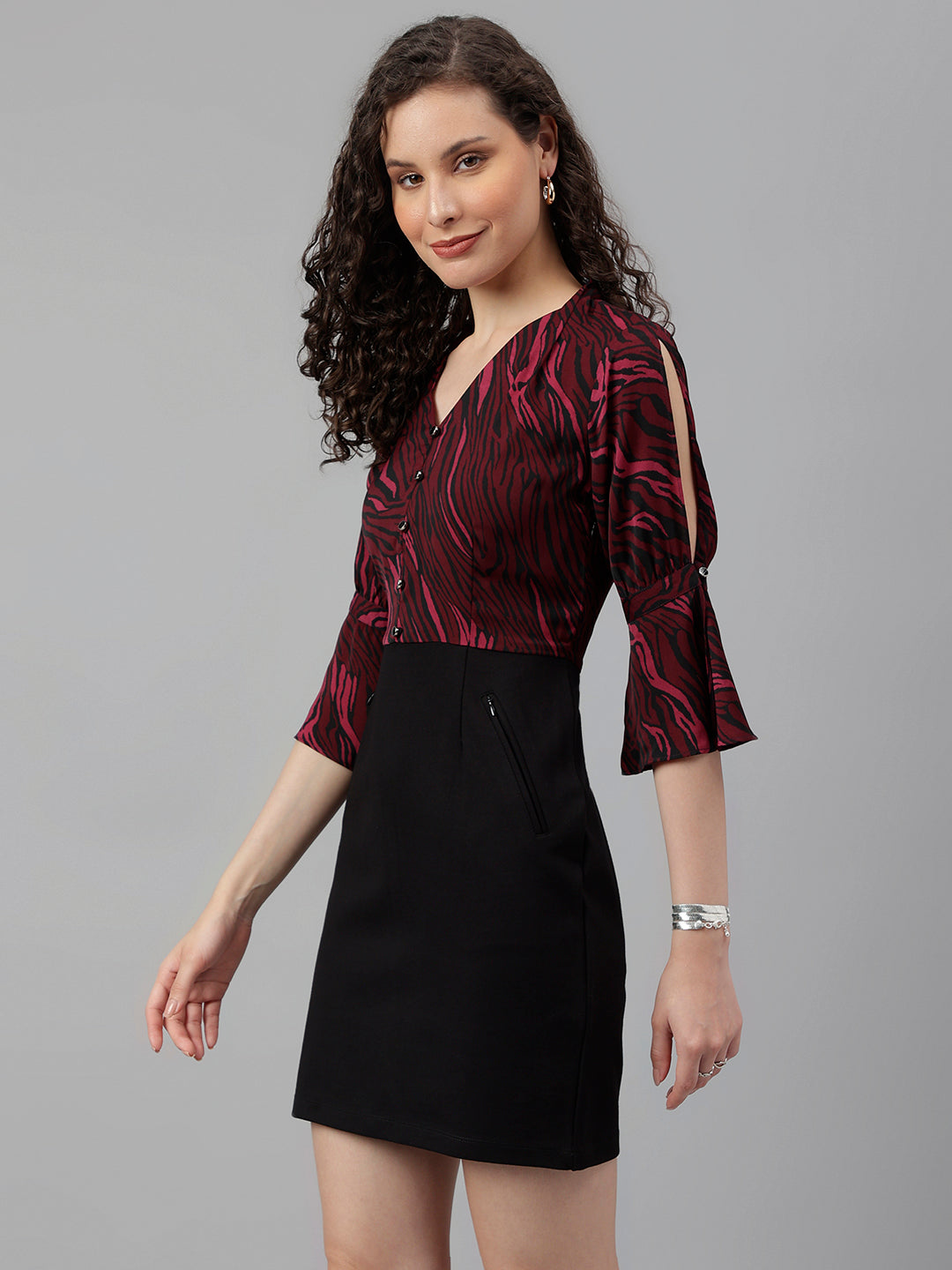 Wine 3/4 Sleeve Mix And Match 2 Fir 1 Dress