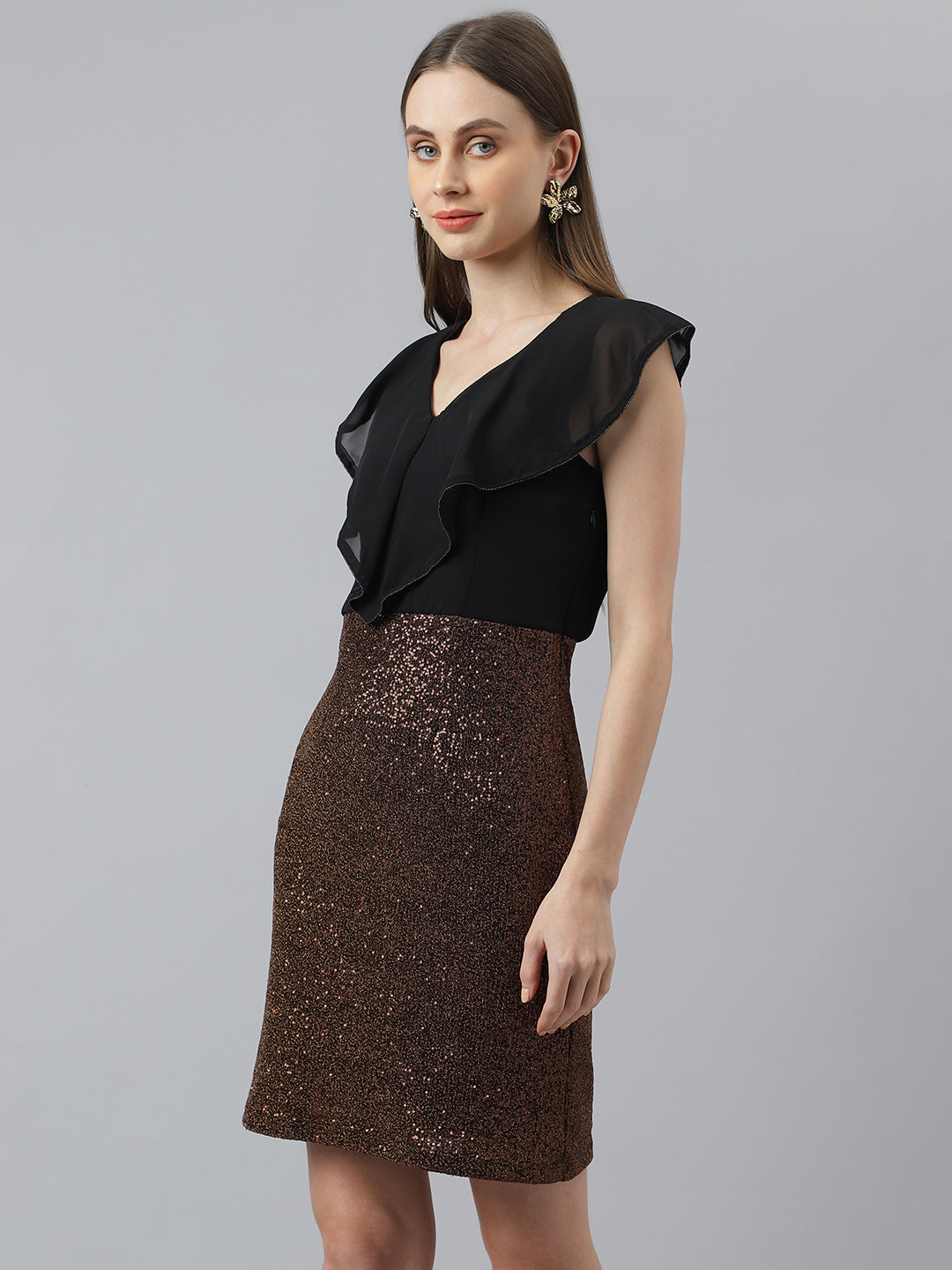 Copper Cap Sleeve V-Neck Solid Women 2 Fir 1 Dress For Party