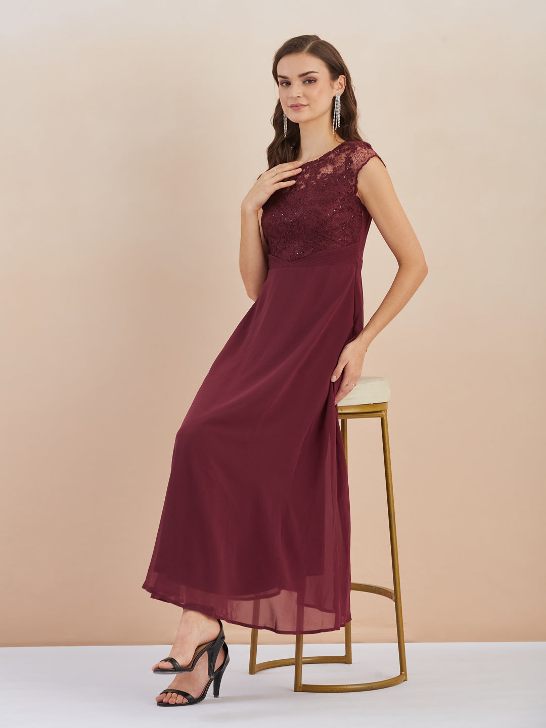 Latin Quarters Women Maroon Sequin Embellished Round Neck Cap Sleeves Fit & Flare Maxi Dress for Party Occasion