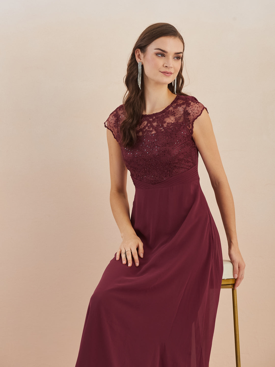 Latin Quarters Women Maroon Sequin Embellished Round Neck Cap Sleeves Fit & Flare Maxi Dress for Party Occasion