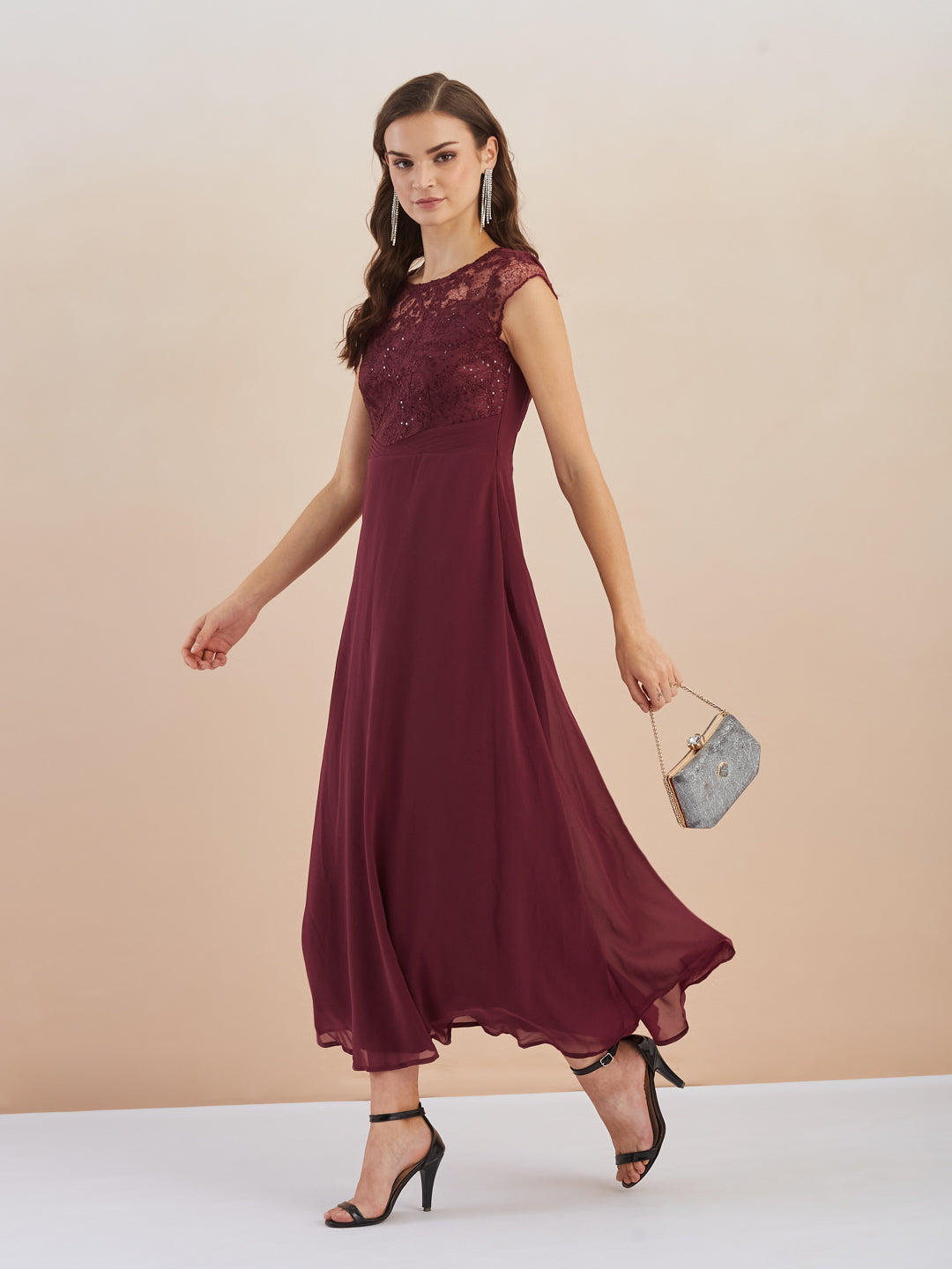 Latin Quarters Women Maroon Sequin Embellished Round Neck Cap Sleeves Fit & Flare Maxi Dress for Party Occasion