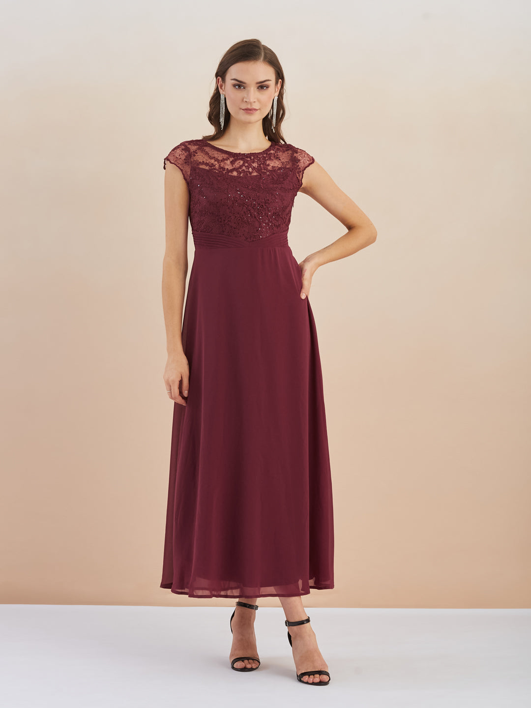 Latin Quarters Women Maroon Sequin Embellished Round Neck Cap Sleeves Fit & Flare Maxi Dress for Party Occasion