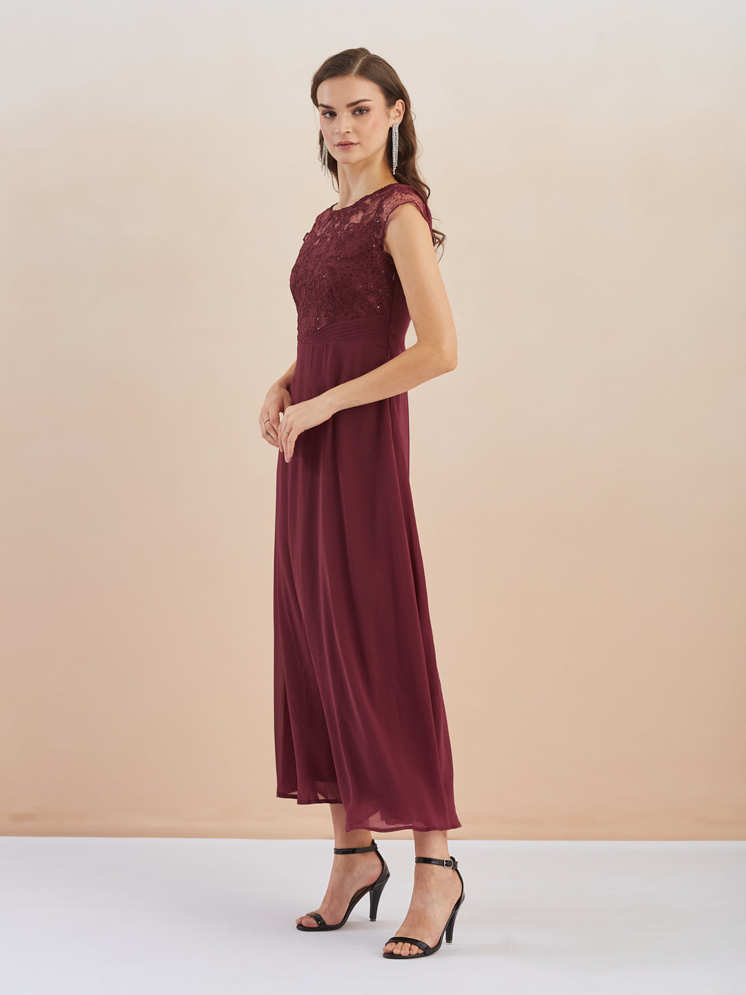Latin Quarters Women Maroon Sequin Embellished Round Neck Cap Sleeves Fit & Flare Maxi Dress for Party Occasion