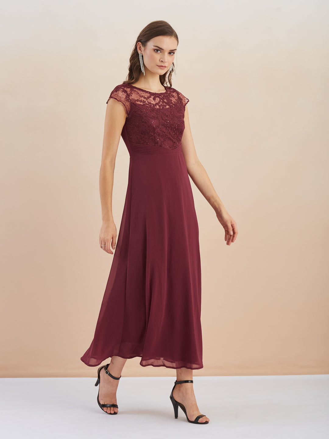 Latin Quarters Women Maroon Sequin Embellished Round Neck Cap Sleeves Fit & Flare Maxi Dress for Party Occasion