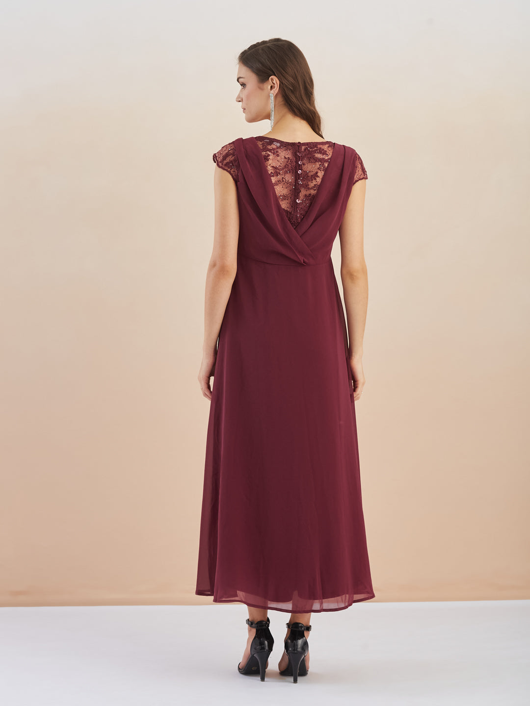 Latin Quarters Women Maroon Sequin Embellished Round Neck Cap Sleeves Fit & Flare Maxi Dress for Party Occasion