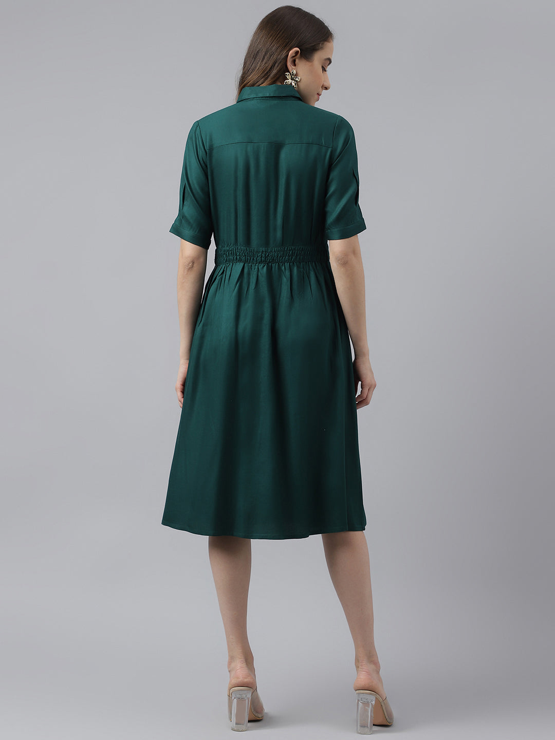 Green Short Sleeves Shirt Collar Solid Knee Length Dress For Casual Wear