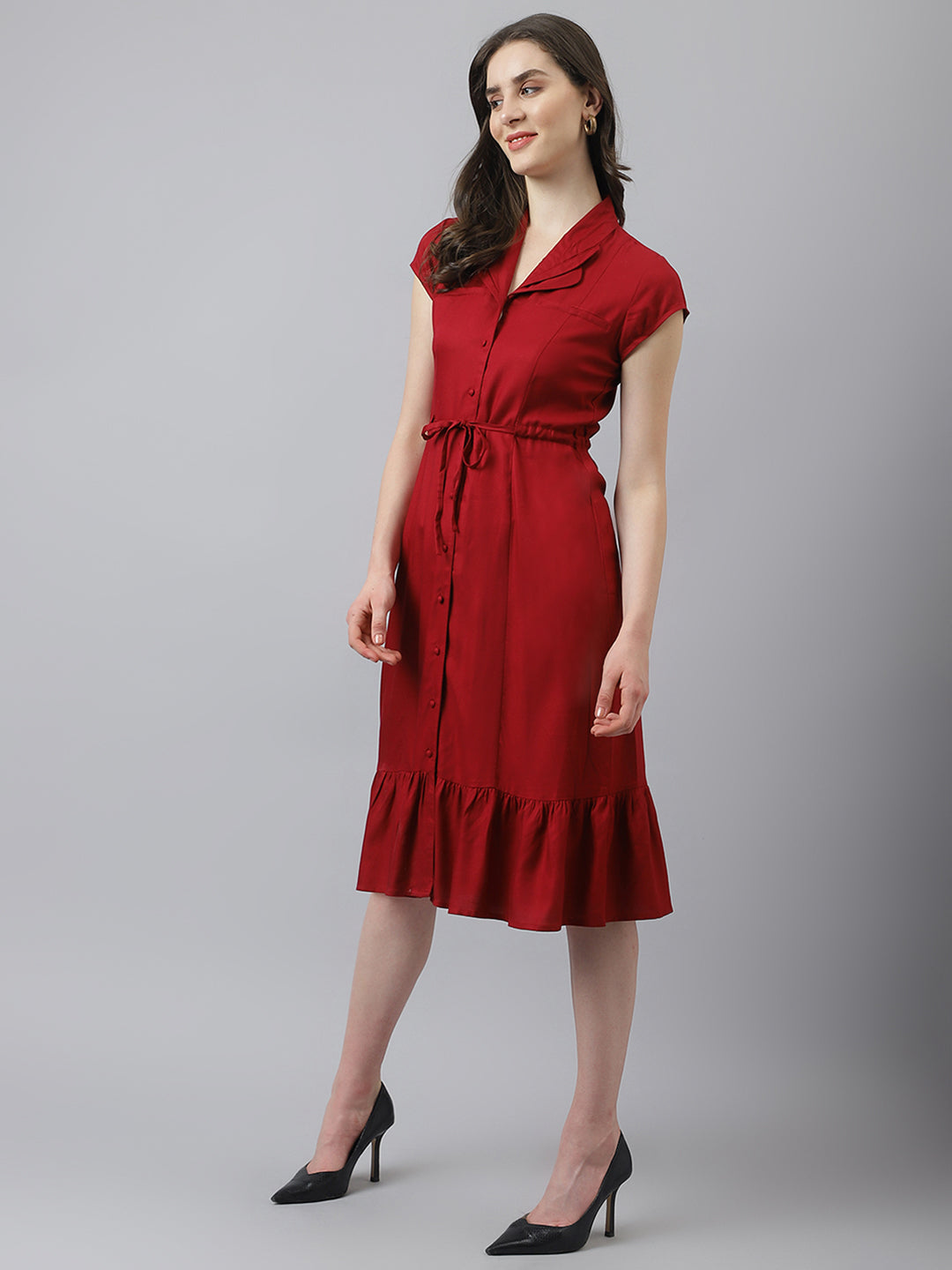 Wine Short Sleeves Shirt Collar Solid Knee Length Dress For Casual Wea