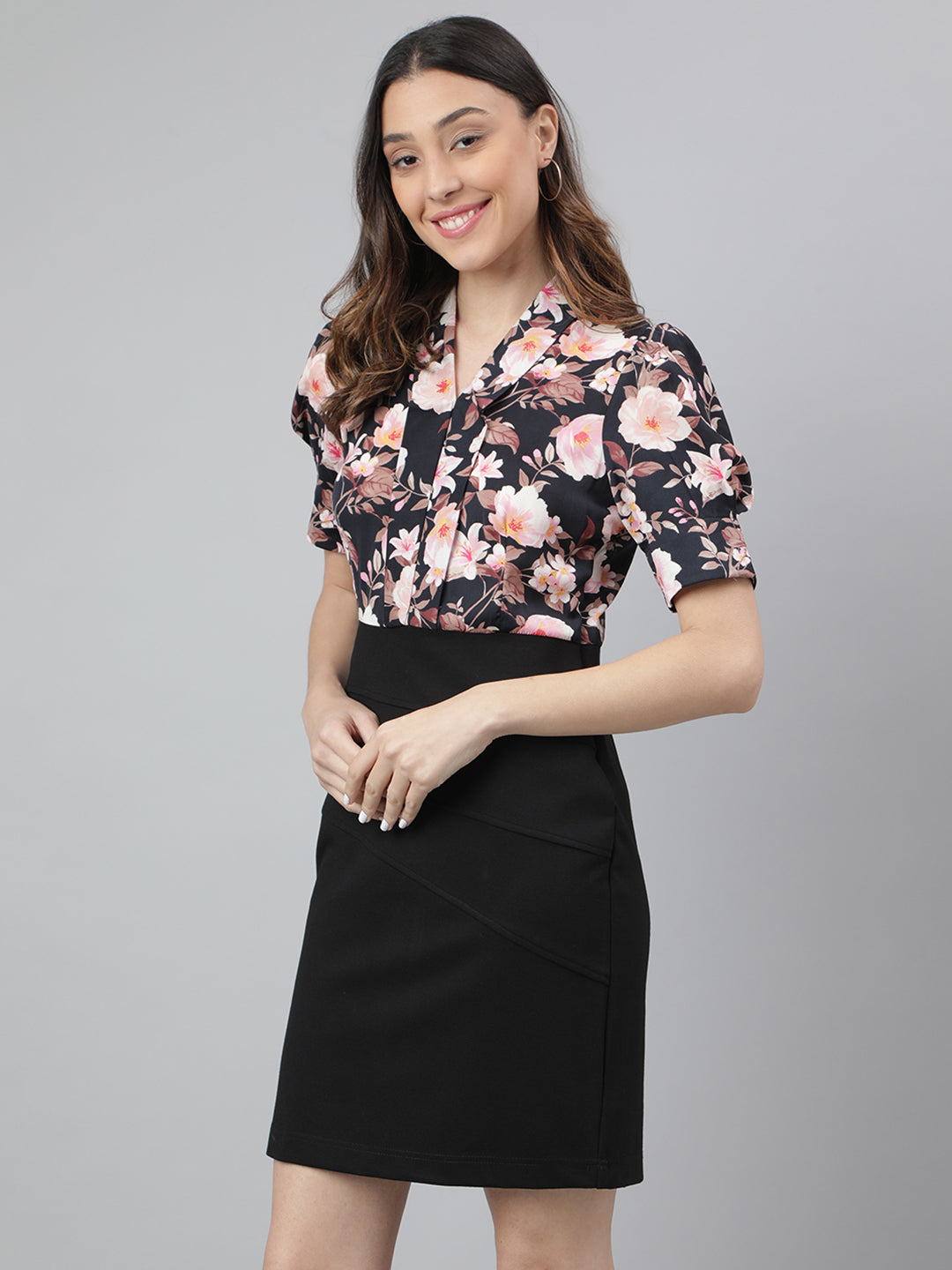 Black Half Sleeve Collar Neck Floral Print 2 Fir 1 Women Dress For Casual