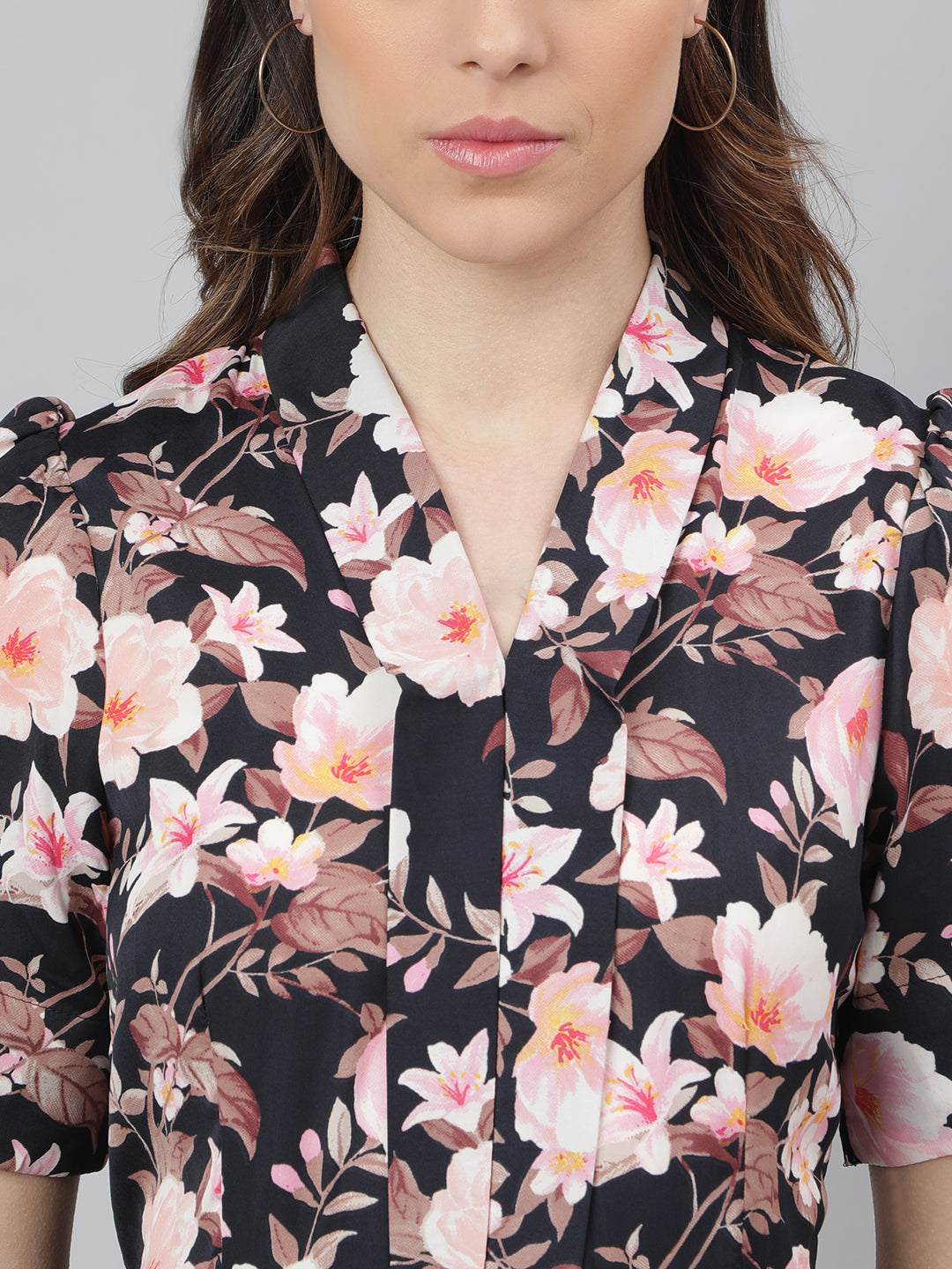Black Half Sleeve Collar Neck Floral Print 2 Fir 1 Women Dress For Casual