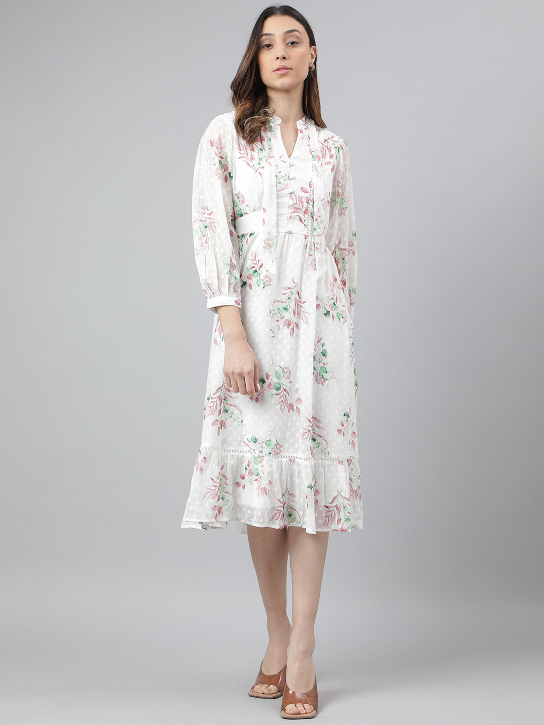Brown 3/4 Sleeve Printed A-Line Dress