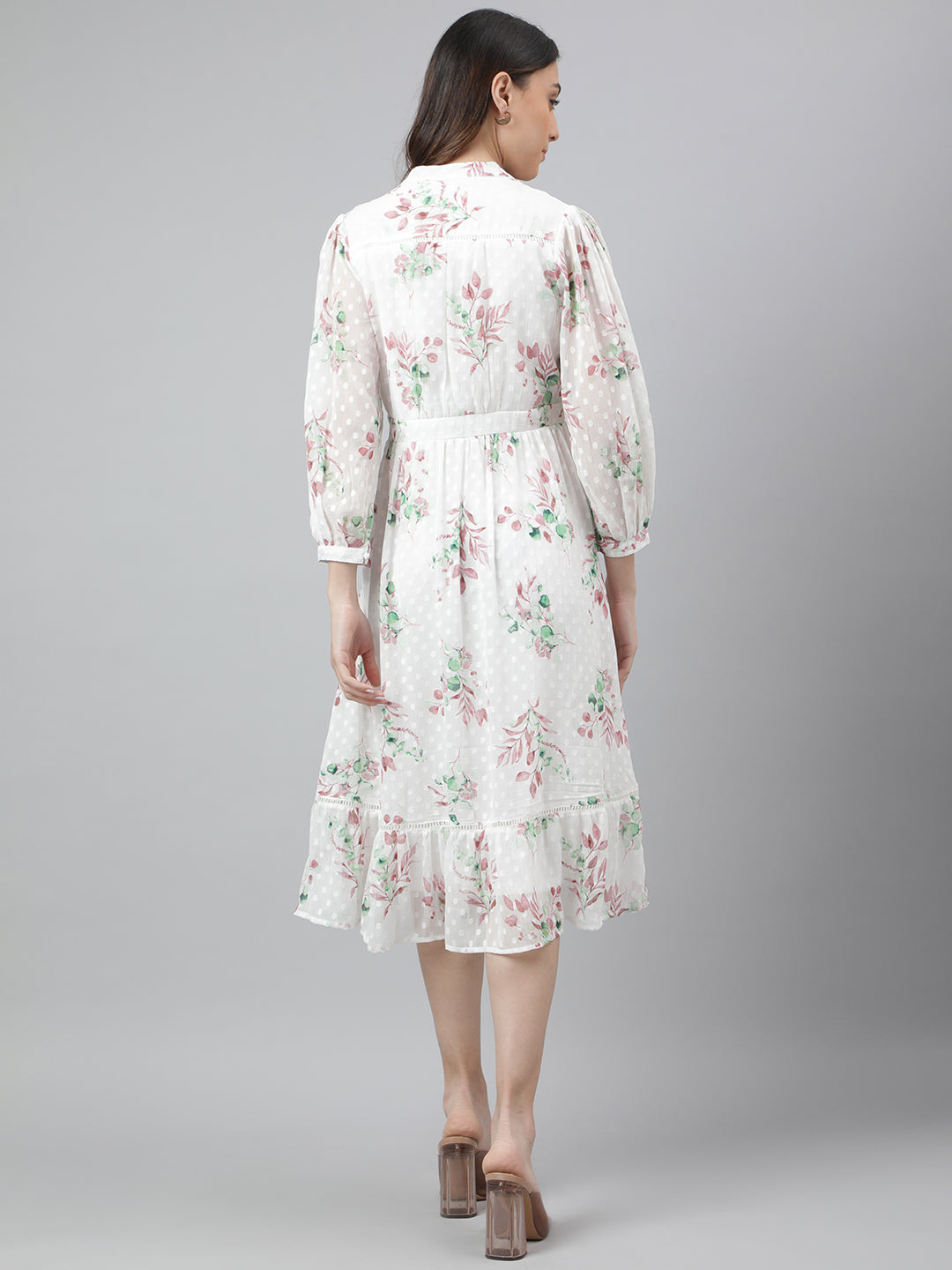 Brown 3/4 Sleeve Printed A-Line Dress