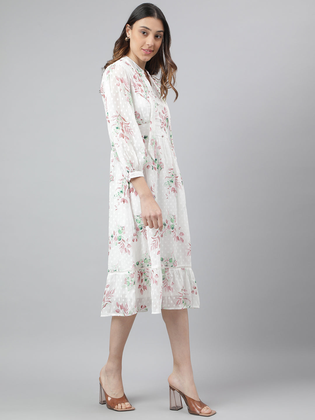 Brown 3/4 Sleeve Printed A-Line Dress