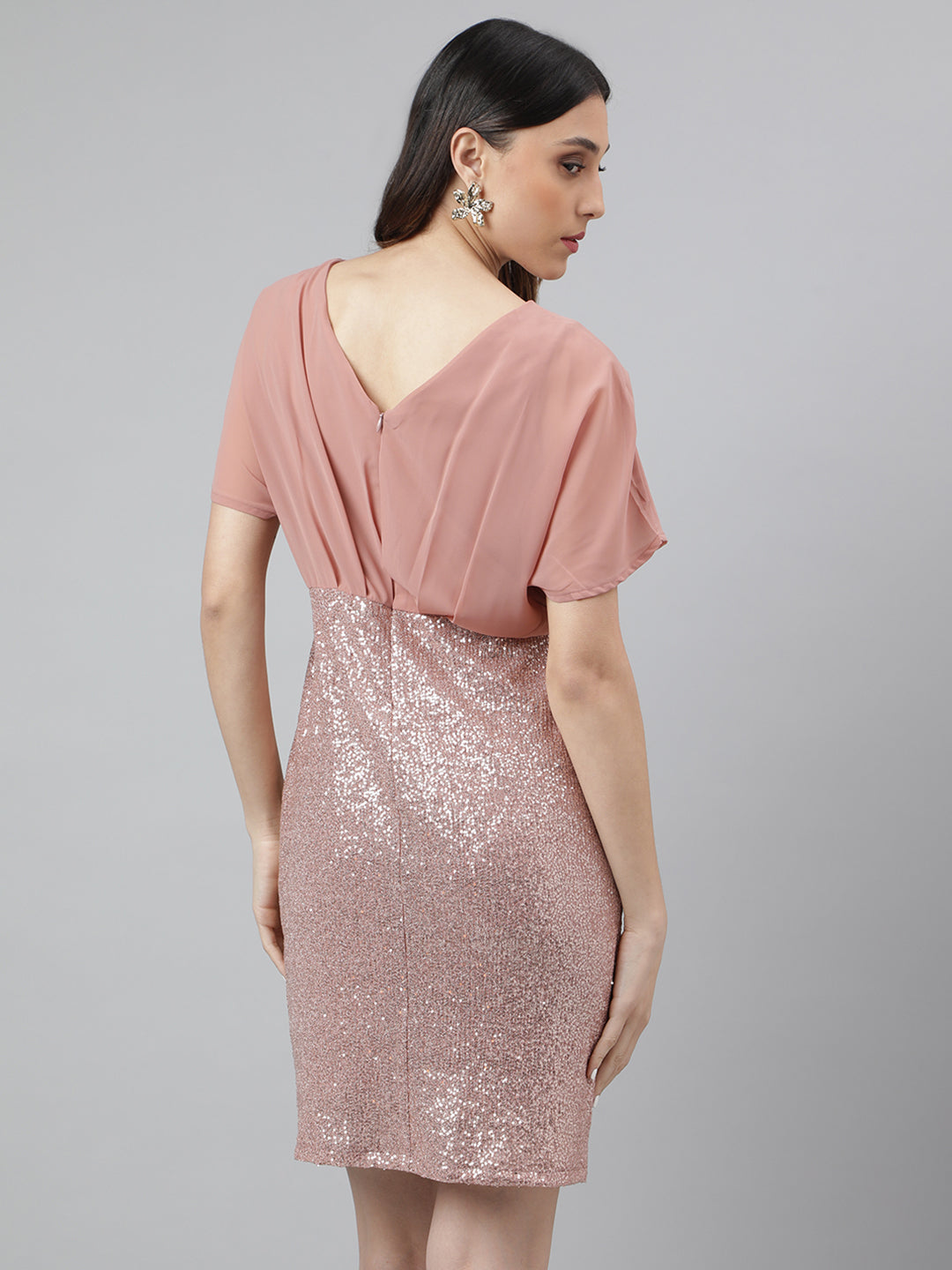 Pink Cap Sleeve Round Neck Solid Bodycon Women Dress For Party Wear