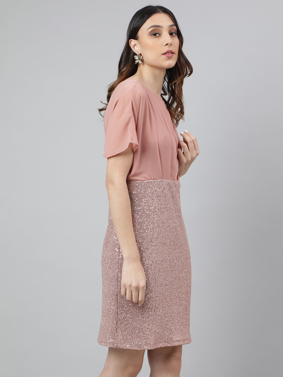 Pink Cap Sleeve Round Neck Solid Bodycon Women Dress For Party Wear