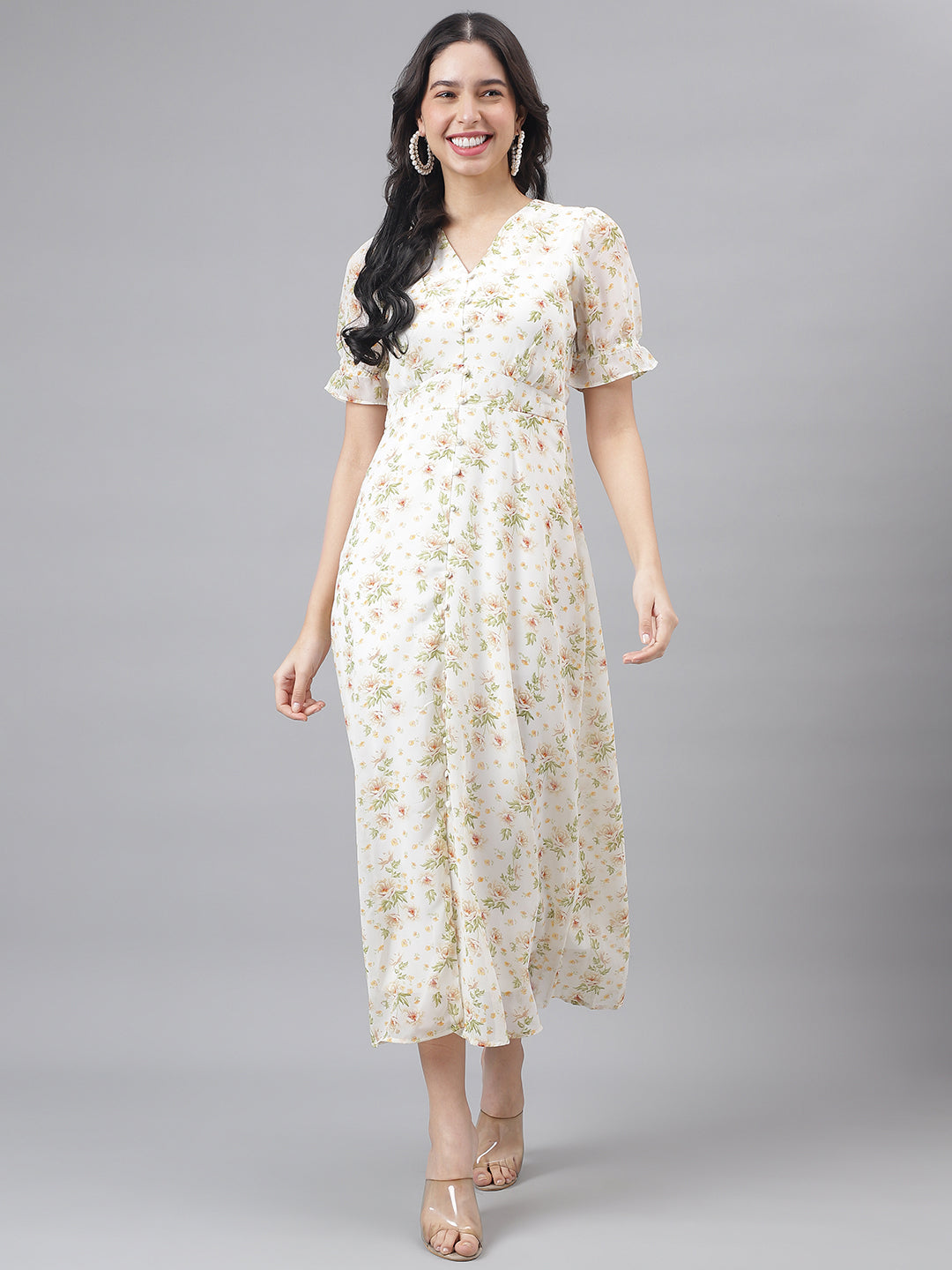 Green Half Sleeve V-Neck Women Maxi Dress