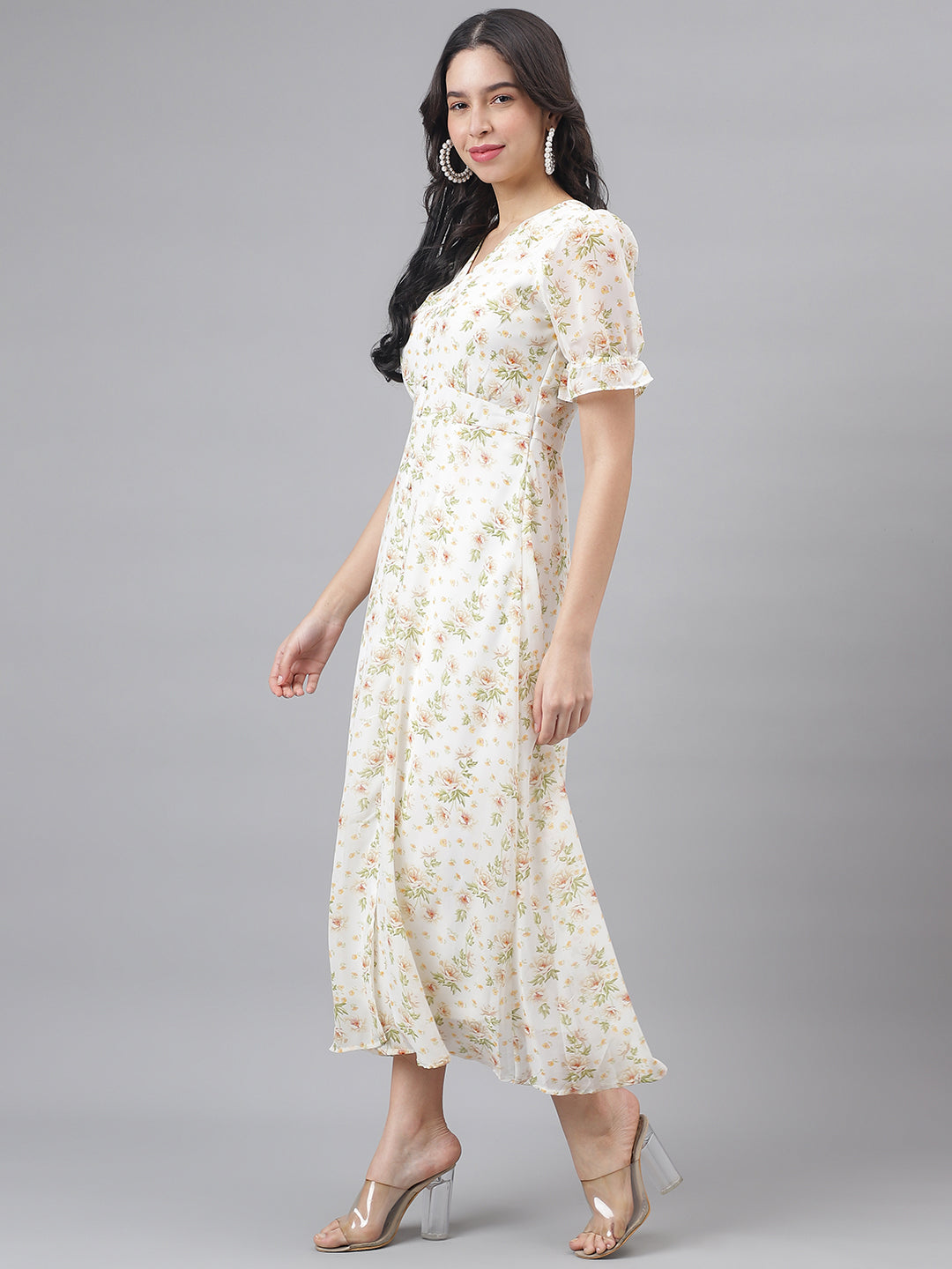 Green Half Sleeve V-Neck Women Maxi Dress