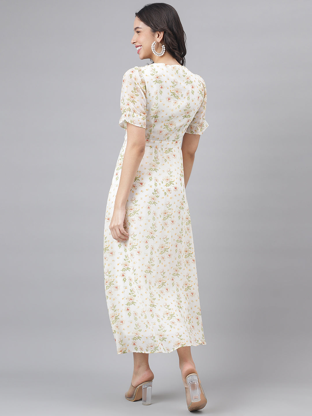 Green Half Sleeve V-Neck Women Maxi Dress