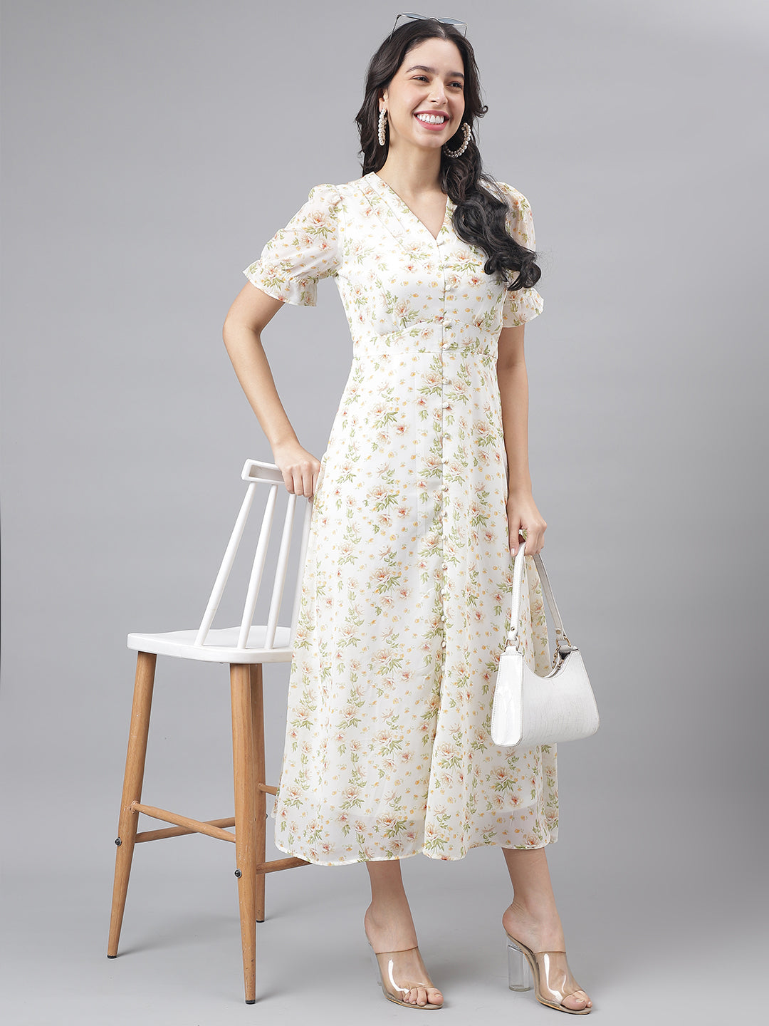 Green Half Sleeve V-Neck Women Maxi Dress