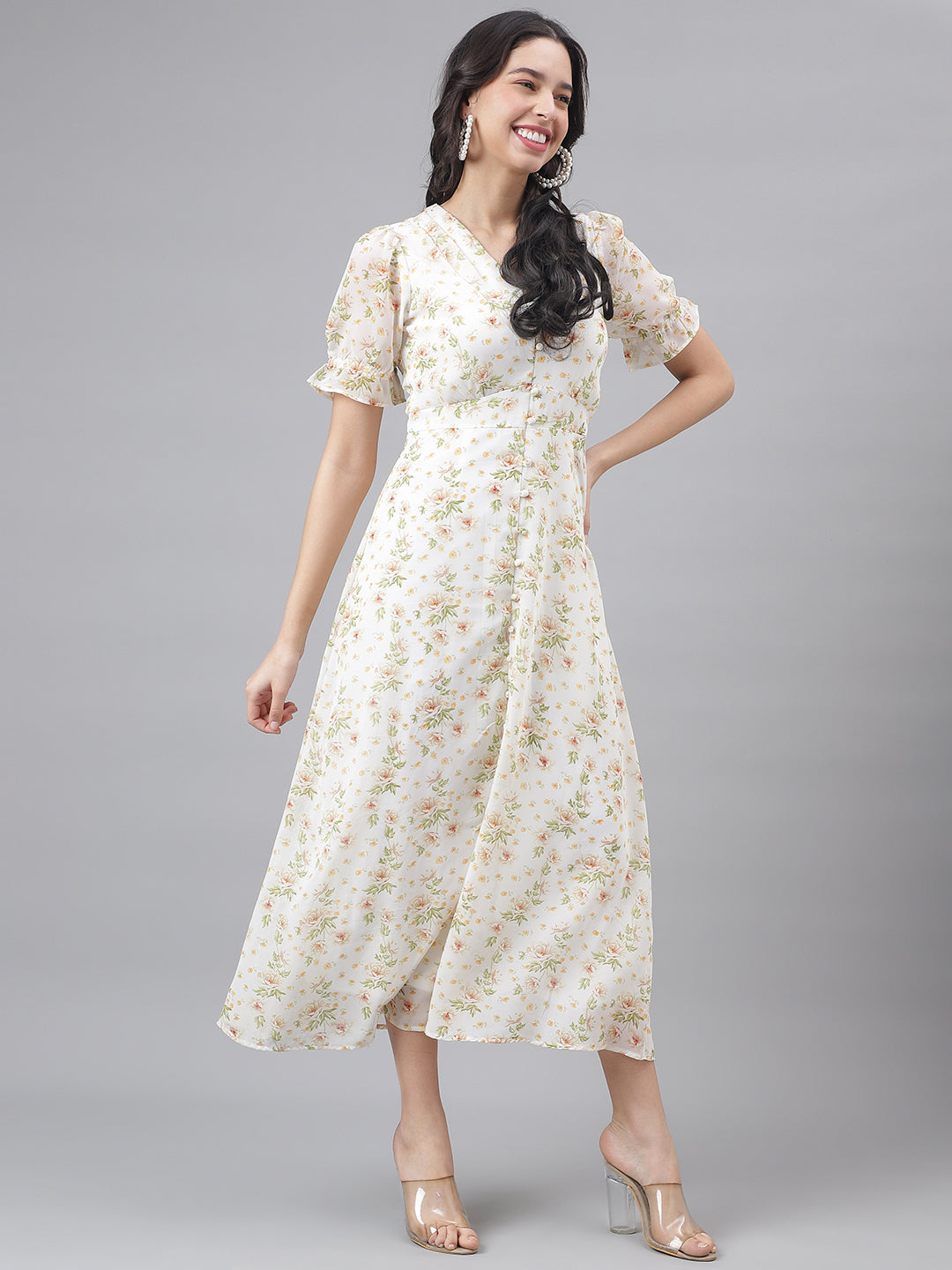 Green Half Sleeve V-Neck Women Maxi Dress