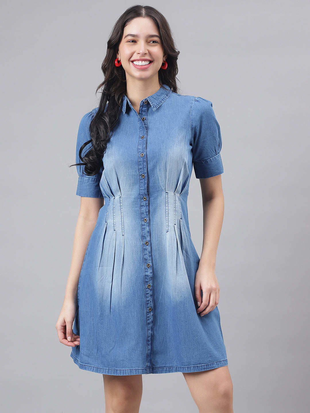 Blue Half Sleeve Shirt Collar Women Shirt Dress