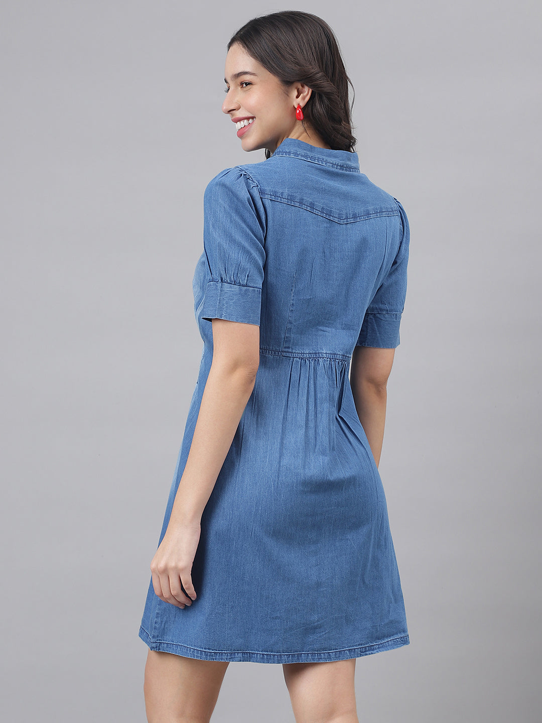 Blue Half Sleeve Shirt Collar Women Shirt Dress