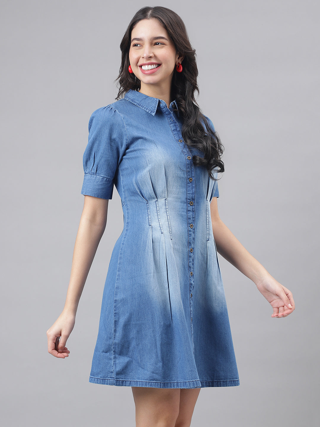 Blue Half Sleeve Shirt Collar Women Shirt Dress
