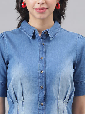 Blue Half Sleeve Shirt Collar Women Shirt Dress
